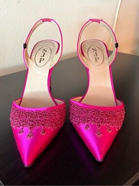 SJP Hot Pink Beaded Slingback Pumps